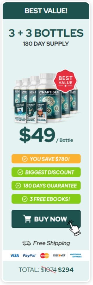 Buy 6 bottles of Synaptigen brain support supplement for long-term cognitive health